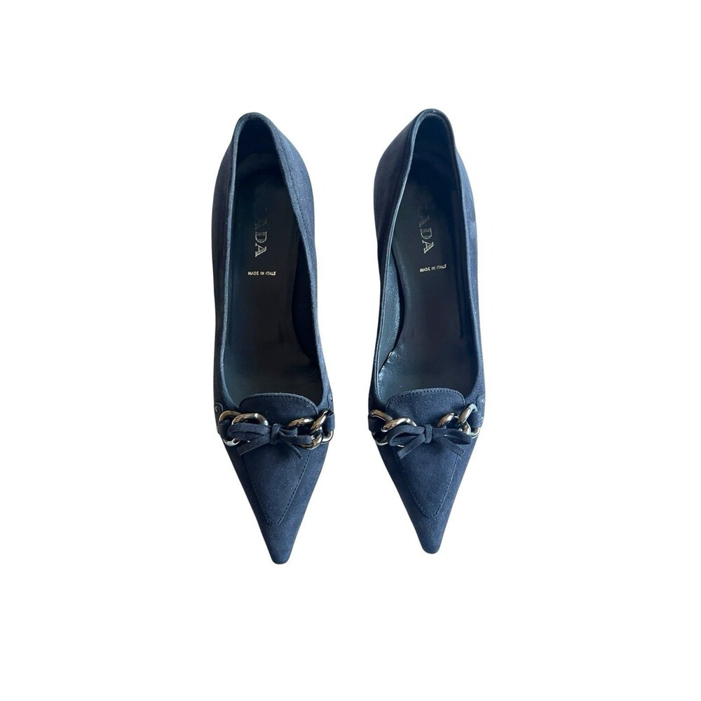 Prada Gray Suede Kitten Heel Pumps Horsebit Pointed Toe Italy EU 36.5 US 6.5 - Picture 4 of 12